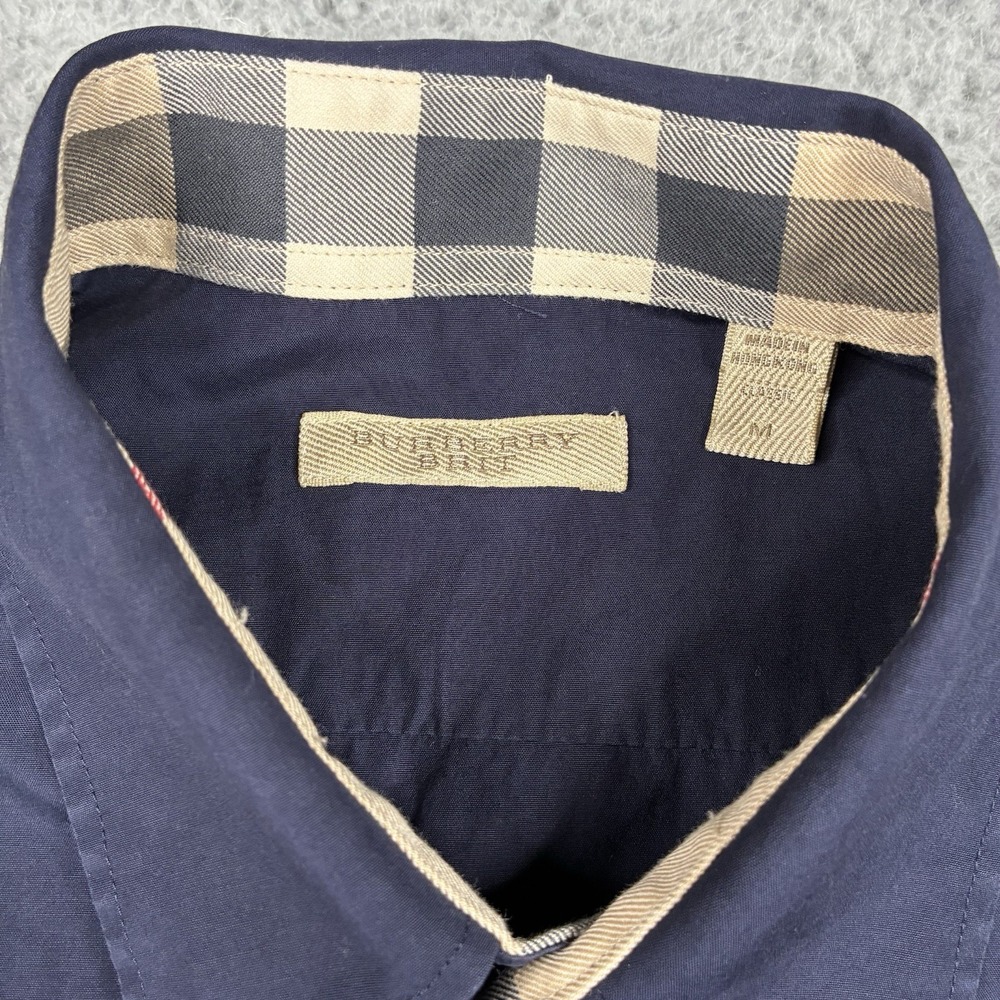 Burberry Brit Shirt Men's M Navy Blue Nova Check Flip Cuff Long Sleeve Button Up - Picture 5 of 15